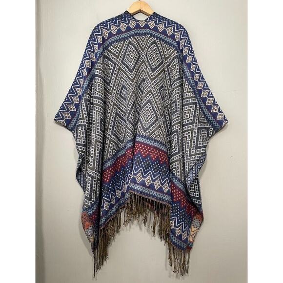 Merona One Size Boho Blanket Shawl Fringe Western Festival Ruana Southwest Aztec - Picture 4 of 5